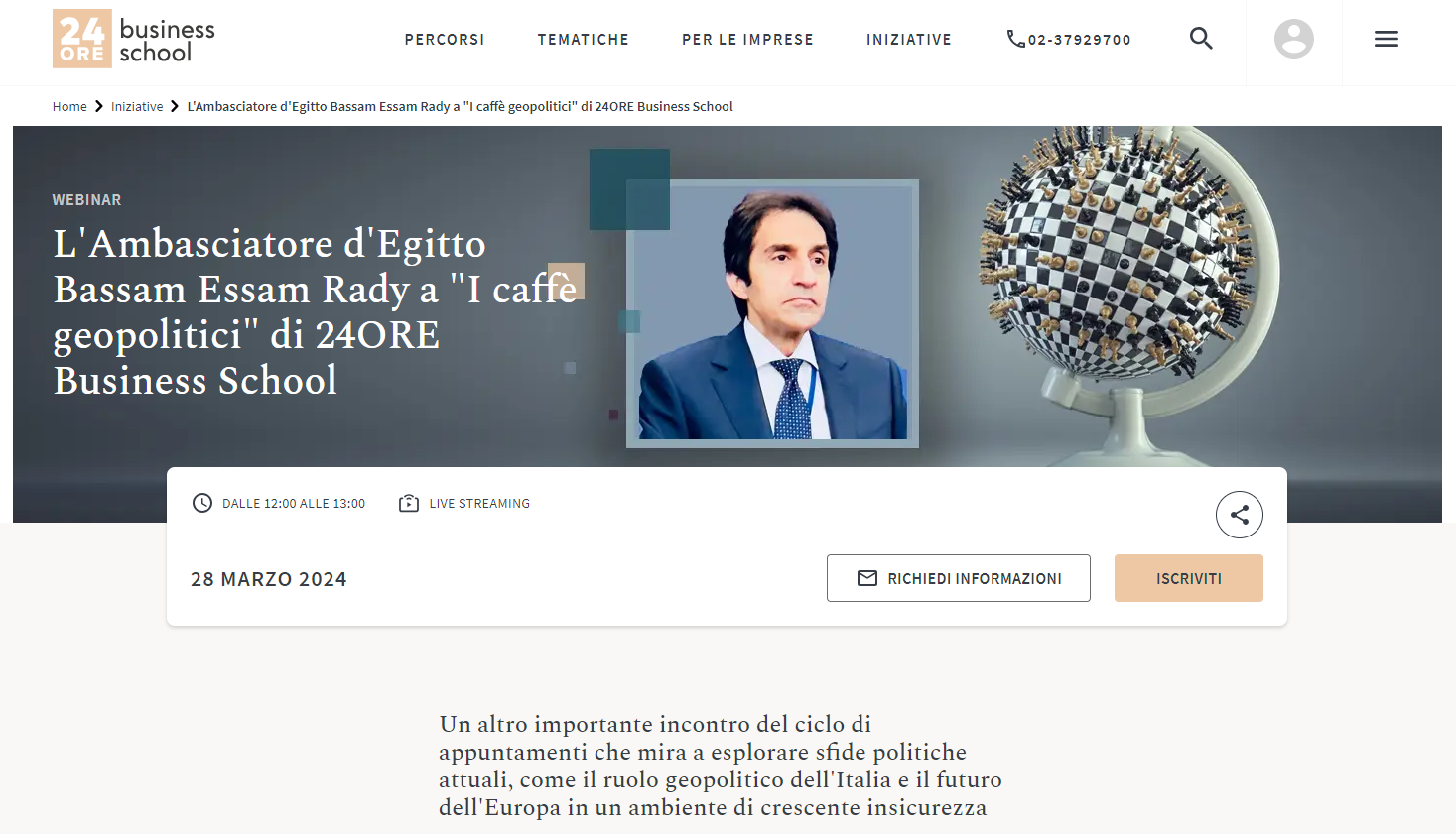 I Caffè Geopolitici: ospite l’Ambasciatore di Egitto Bassam Essam Rady